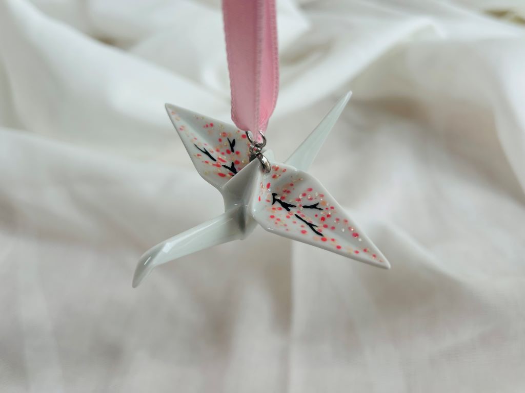 porcelain origami crane "Morning under the Sakura" hanging