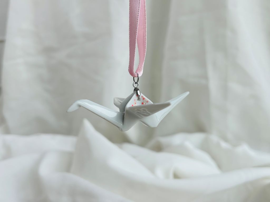 porcelain origami crane "Morning under the Sakura" hanging