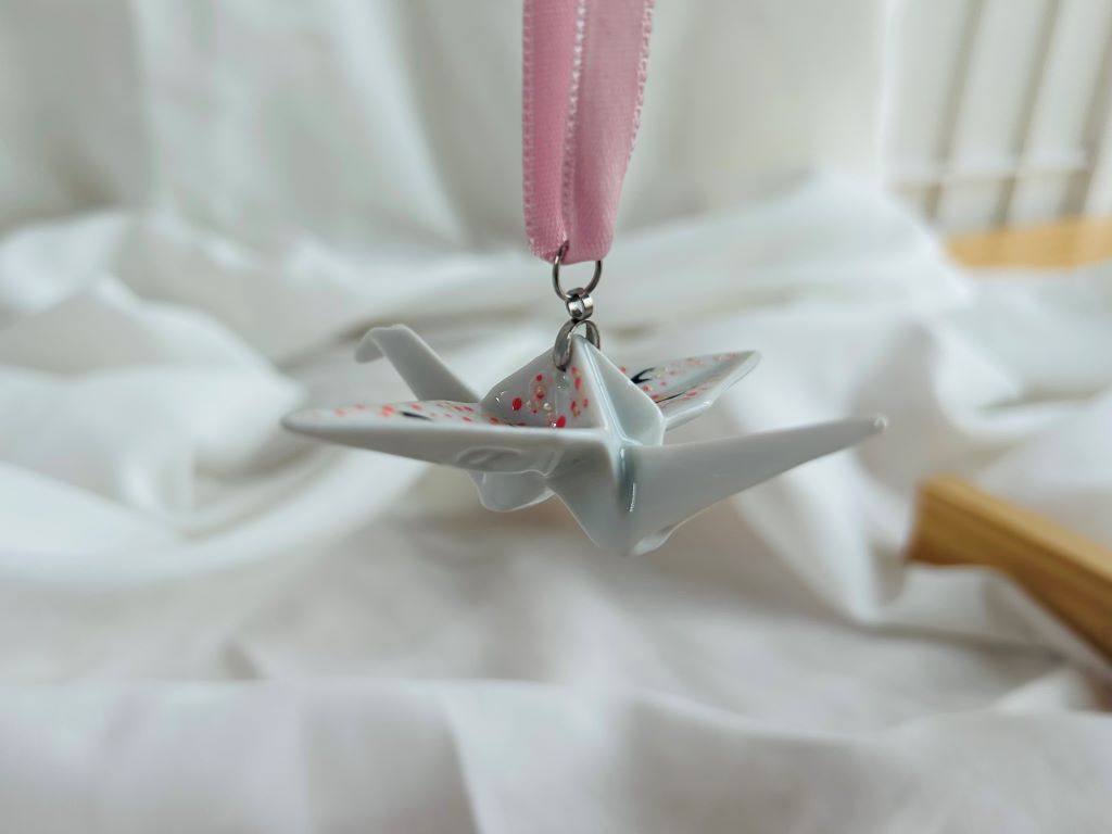 porcelain origami crane "Morning under the Sakura" hanging