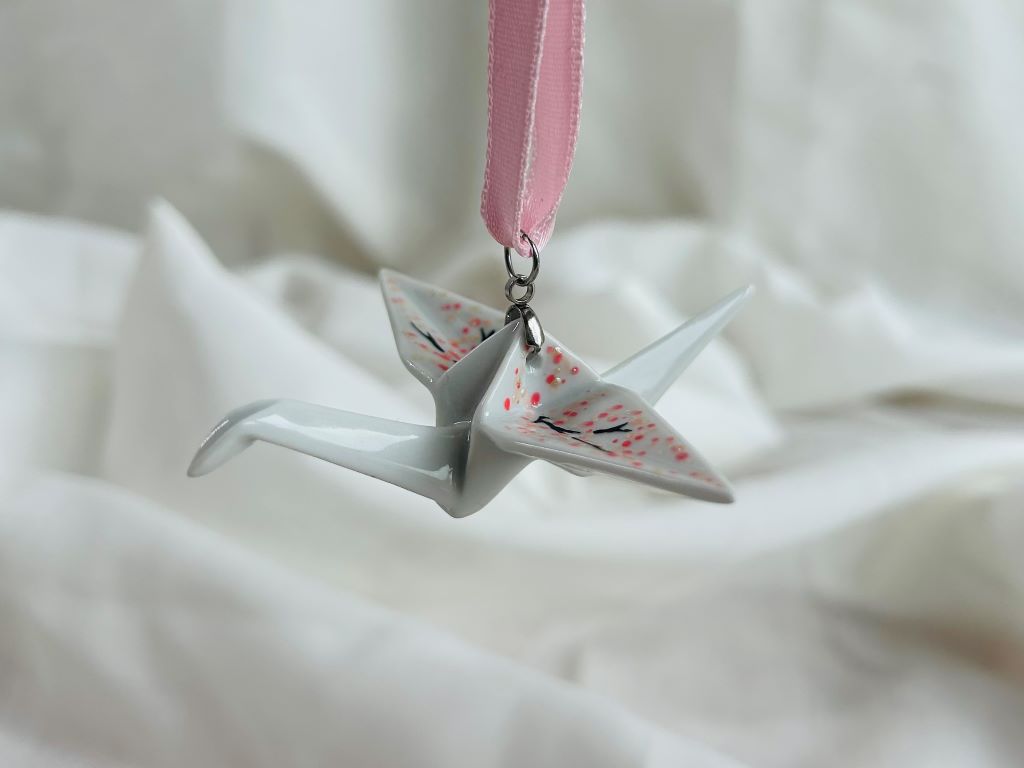porcelain origami crane "Morning under the Sakura" hanging