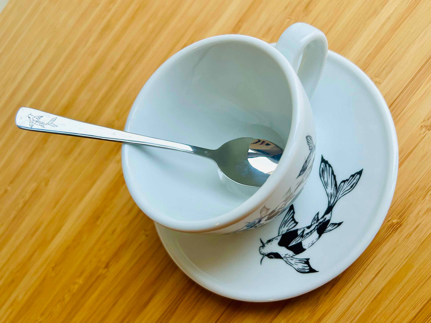 cup and saucer "Koi carp with moon" with a custom spoon