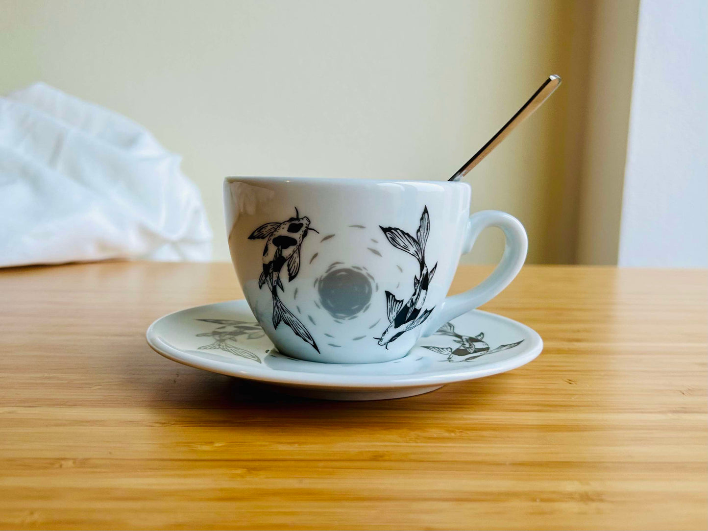 cup and saucer "Koi carp with moon" with a custom spoon