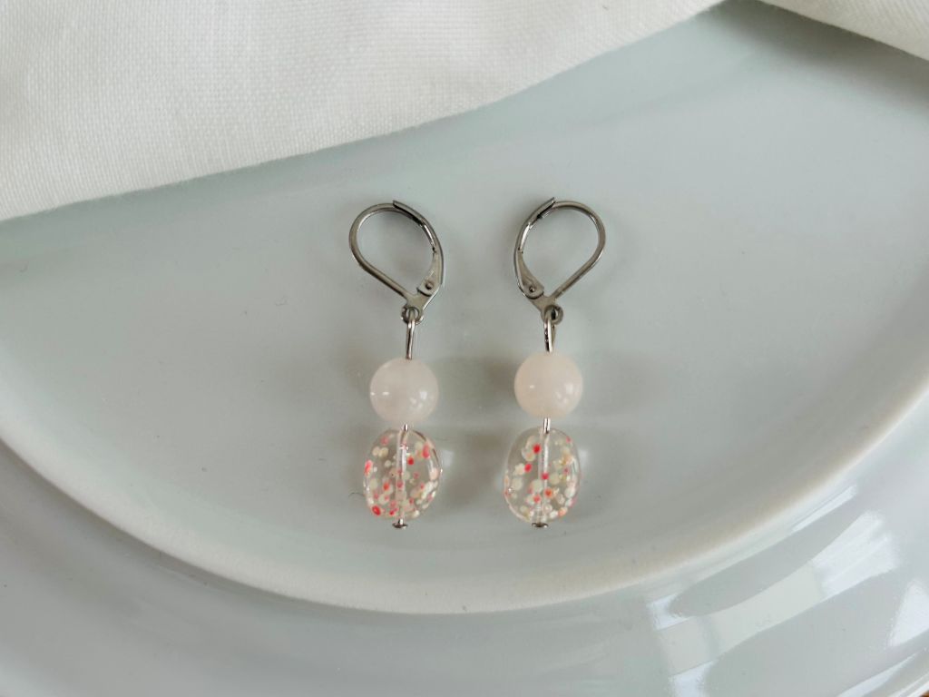 Glass earrings "Morning under a Sakura Tree" with rose quartz