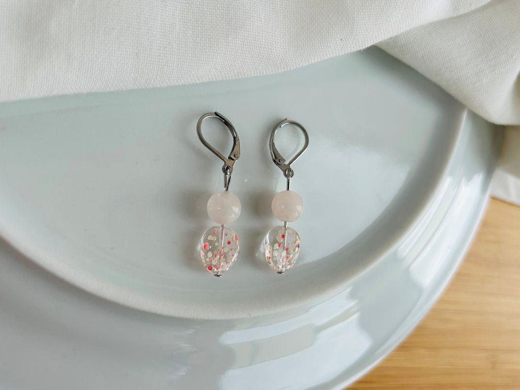 Glass earrings "Morning under a Sakura Tree" with rose quartz