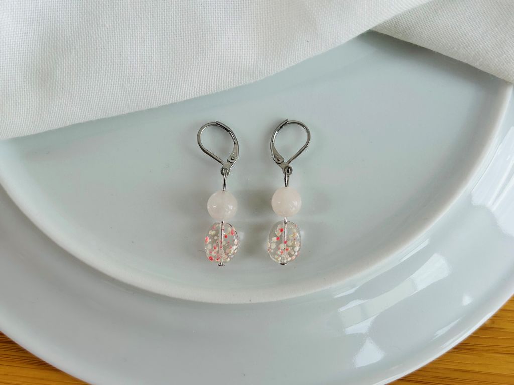 Glass earrings "Morning under a Sakura Tree" with rose quartz
