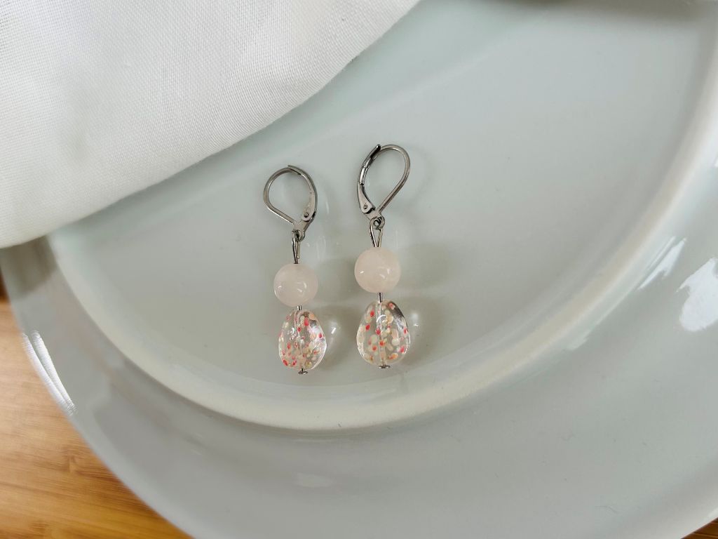 Glass earrings "Morning under a Sakura Tree" with rose quartz