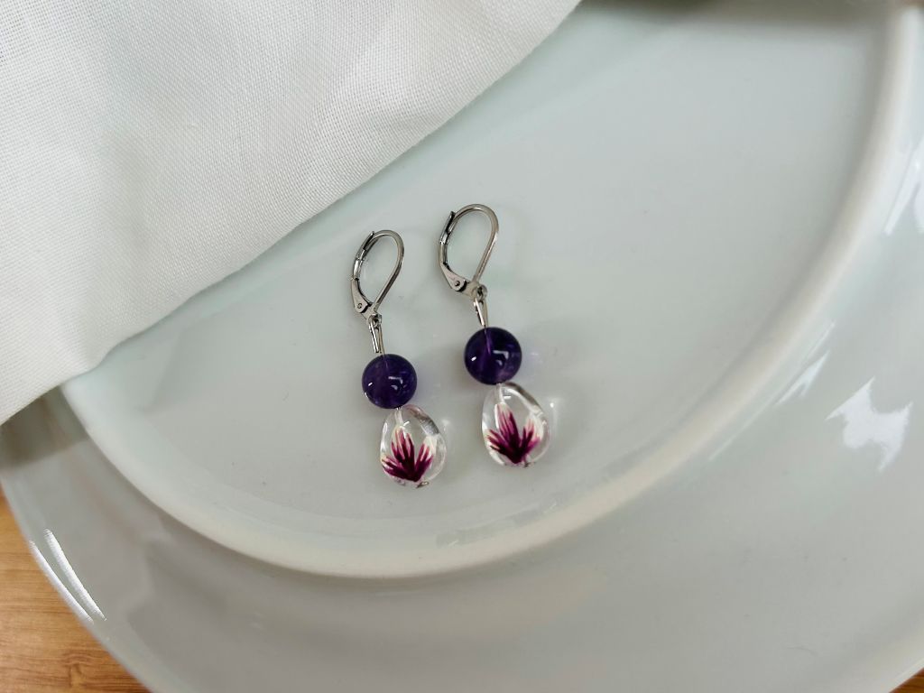 Glass earrings "Scent of a Spring Dream" with amethyst