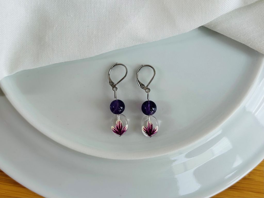 Glass earrings "Scent of a Spring Dream" with amethyst