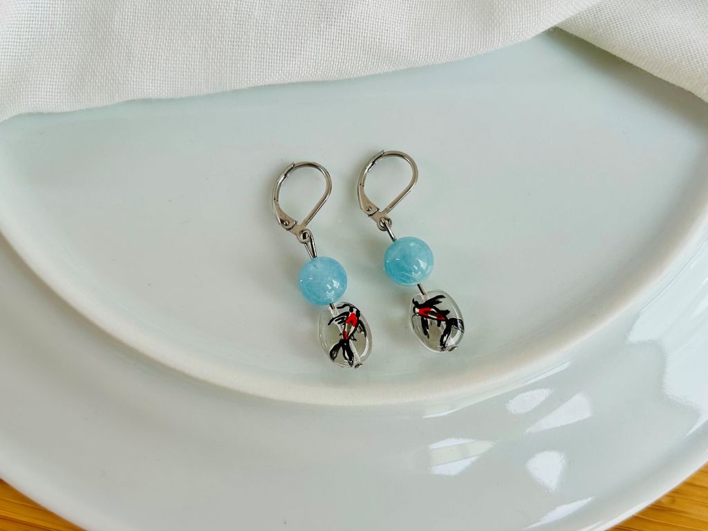 Glass earrings "Koi Carp" with aquamarine