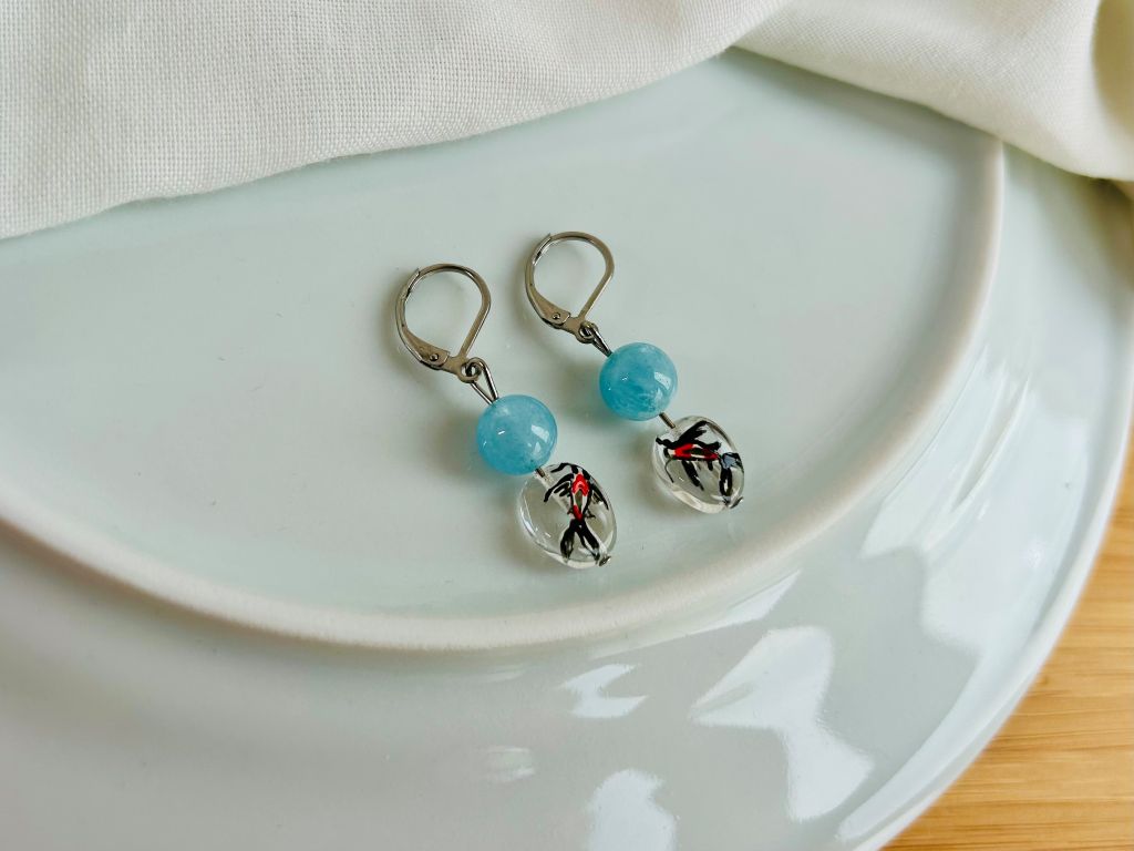 Glass earrings "Koi Carp" with aquamarine