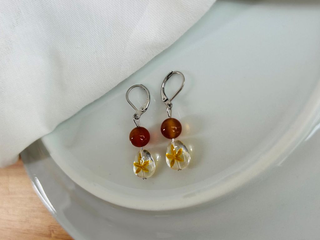 Glass earrings "Autumn Evening" with carnelian