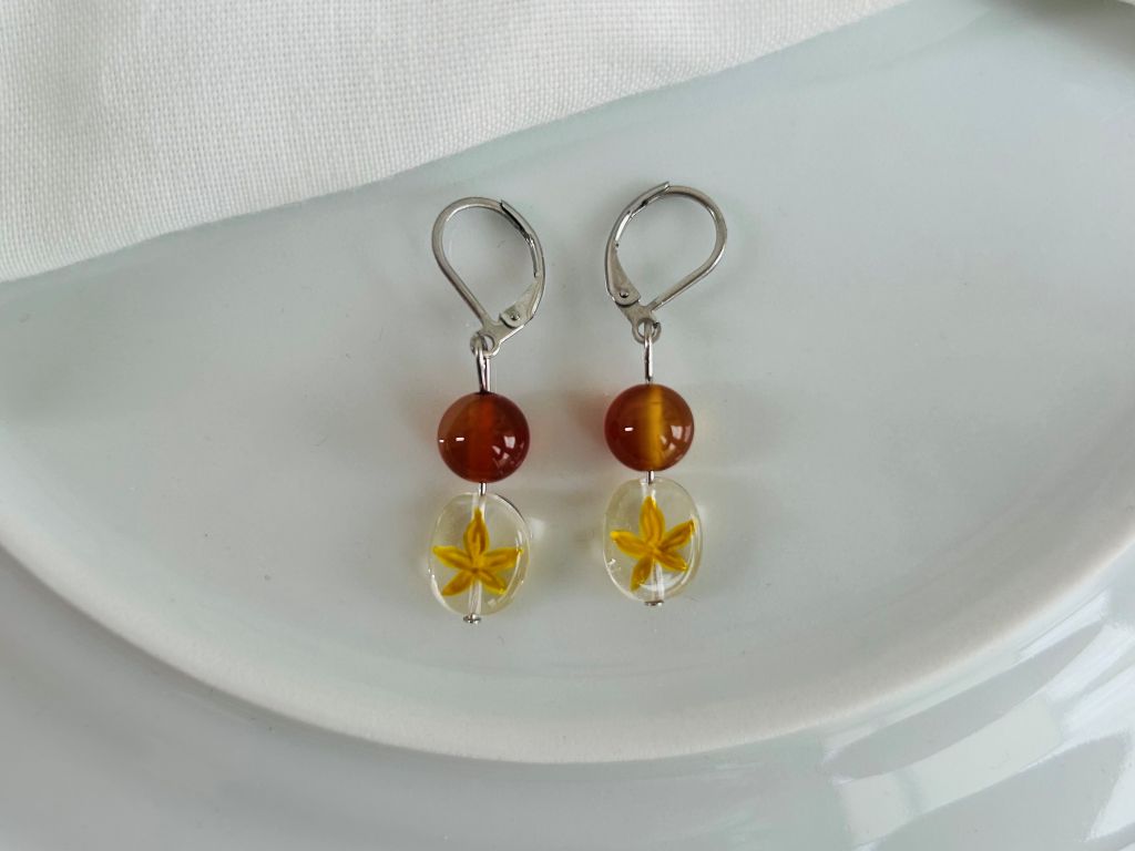 Glass earrings "Autumn Evening" with carnelian