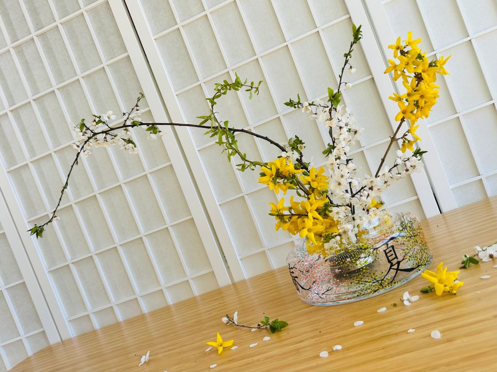 Skleněná váza na ikebanu "čtyři roční období" průměr 20 cm