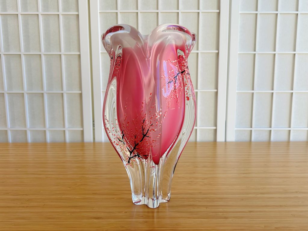 Velká skleněná váza "Ráno pod sakurou" výška 29,5 cm