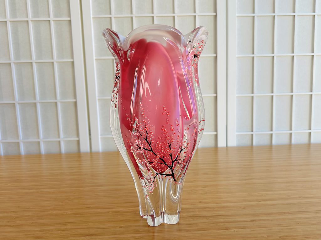 Velká skleněná váza "Ráno pod sakurou" výška 29,5 cm